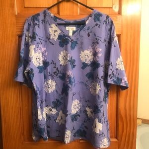 Denim & Co. Lilac Multi Floral Elbow Sleeve Shirt.